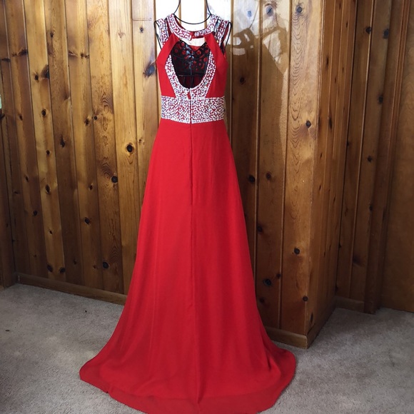 A line red haltered keyhole beaded ruched chiffon prom dress with slit XS/2 - Picture 12 of 17